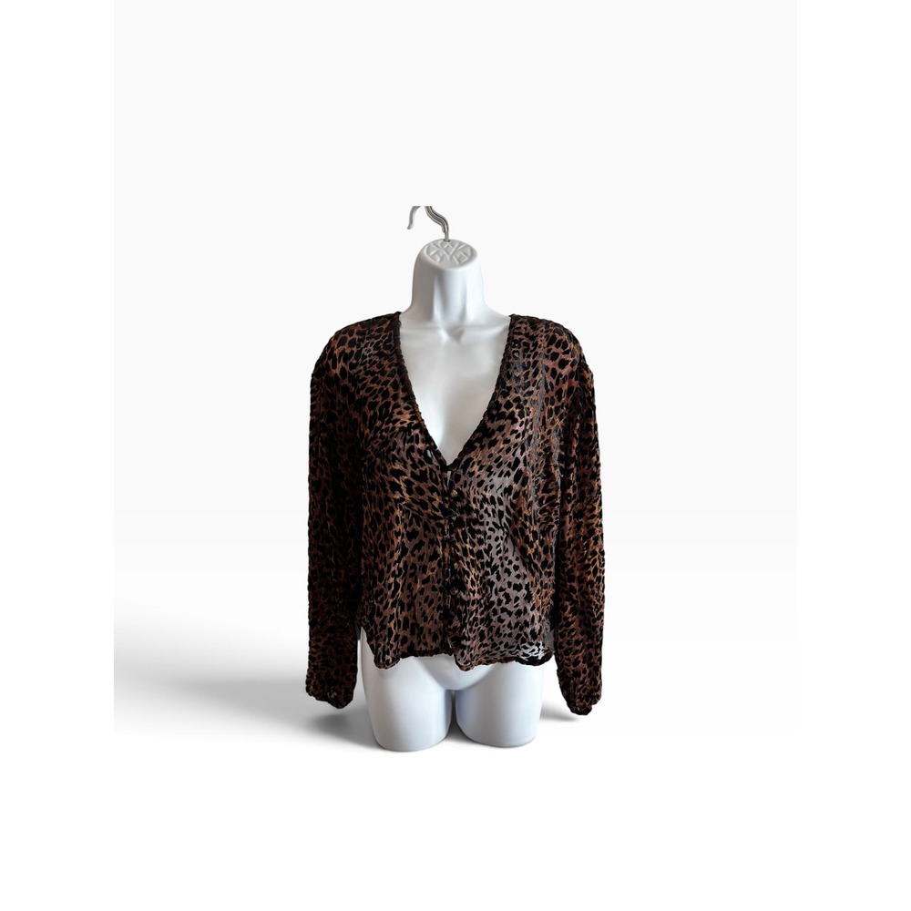Free People Blouse XS Beige Leopard Print Velvet Burnout Button Front NWT